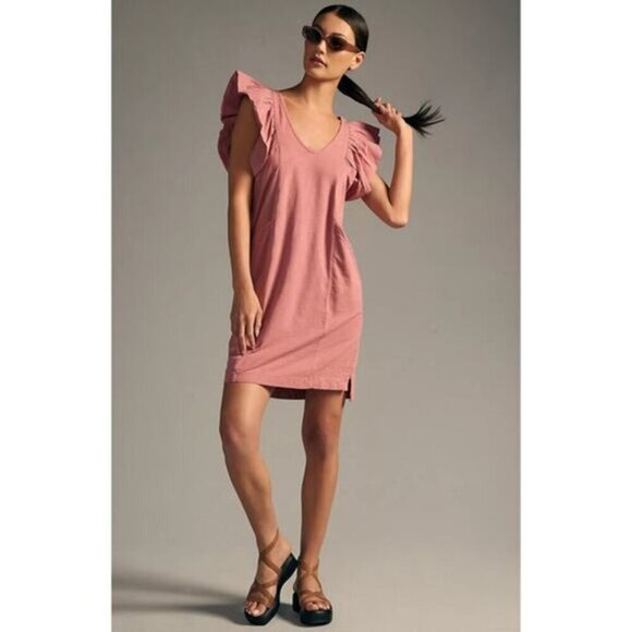 Anthropologie Daily Practice Flutter-Sleeve Tee Dress Cotton Ruffle Dusty Pink M - Picture 1 of 14